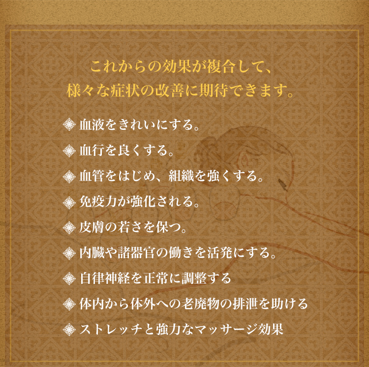 これからの効果が複合して、様々な症状の改善に期待できます。