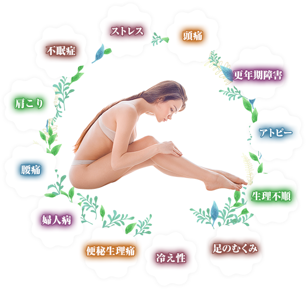 ストレス 頭痛 更年期障害 アトピー 生理不順 足のむくみ 冷え性 前ぴ生理痛 婦人病 腰痛 肩こり 不眠症